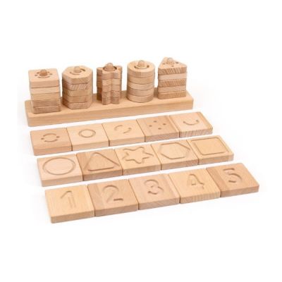 Joc educativ pentru copii si copii nevoi speciale didactic, Andreu Toys, senzorial, asociere forme si cifre, din lemn natur cu saculet depozitare SOLANT16123