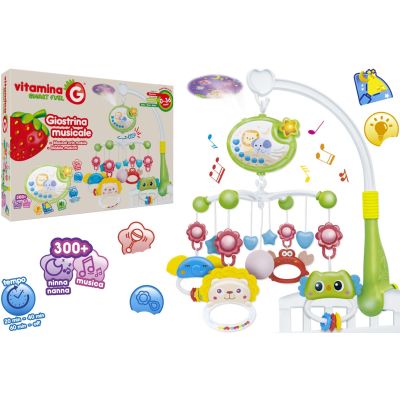 Carusel muzical pentru patut bebelusi, Globo Vitamina G, cu proiector, sunete linistitoare si melodii, buton reglabil volum, timer 20-40-60 min, jucarii detasabile zornaitoare si dentitie, rotire brat 360 grade