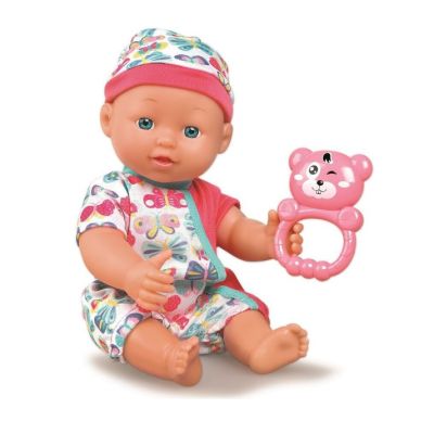 Papusa bebelusi cu salopeta si caciula multicolora, 30 cm, scutec si bavetica, accesorii mancare incluse, jucarie zornaitoare si alte accesorii ingrijire speciale