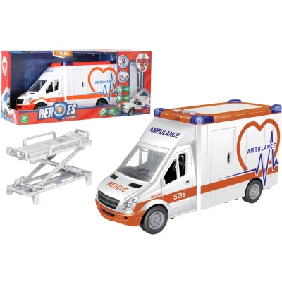 Ambulanta de jucarie pentru copii, Globo Heroes, alba, cu sunete si lumini specifice, baterii incluse, targa tip pat pacient, usi care se deschid, complet multifunctionala, 36 cm lungime