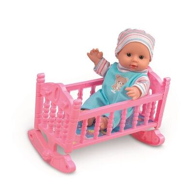Set 2 papusi bebelusi frati, baietel si fetita, cu patut balansoar, 20 cm inaltime