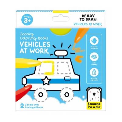 Carte de colorat pentru bebelusi Banana Panda Ready To Draw, Vehicule la lucru, 23 ilustratii simple, 2 carti tip acordeon, 96 cm lungime SOLBP50156
