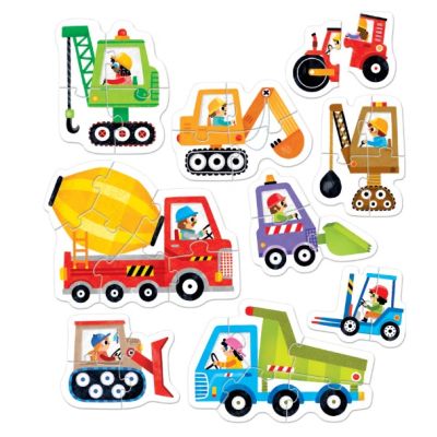 Joc tip puzzle pentru copii si bebelusi, Banana Panda, Progressive Puzzles Construction Vehicles, 9 vehicule santier formate din 2-6 piese SOLBP49205