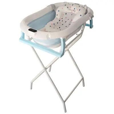 Cadita pliabila bebelusi albastra, suport metalic KidsCare, termometru, perna reductor, jucarii, protectie cap, cana pliabila SUPKC-CB312-SUPORT-blue