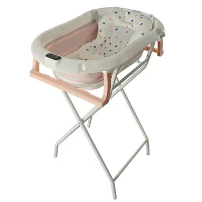 Cadita pliabila roz cu suport metalic KidsCare, termometru, perna reductor, jucarii, protectie cap, cana pliabila SUPKC-CB312-SUPORT-pink