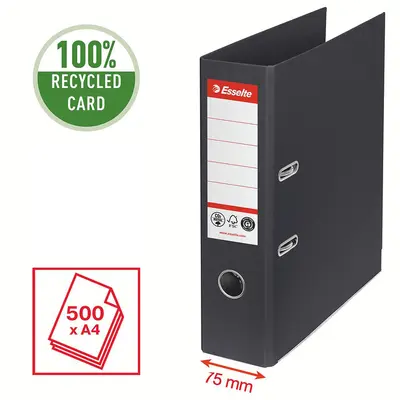 Biblioraft Esselte No.1 Power Recycled, carton, 100% reciclat, reciclabil, certificare FSC, A4, 75 mm, negru BPTCSL007569