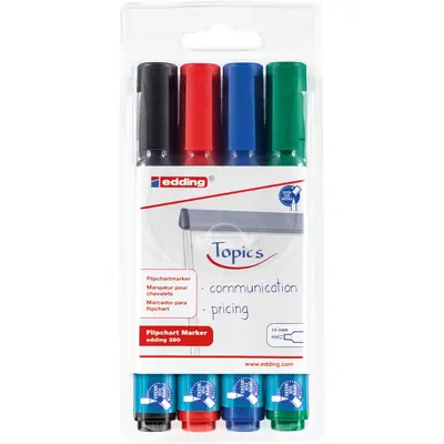 Marker Edding 380 pentru flipchart, varf rotund, 1.5-3 mm, 4 culori/set (negru, albastru, rosu, verde) BPTCED380005