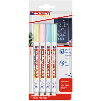 Marker Edding 4085, cu creta lichida, varf rotund 1-2 mm, alb, 4 culori pastel, blister BPTCED408515