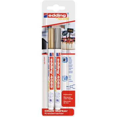 Marker Edding 4085, cu creta lichida, varf rotund 1-2 mm, auriu/argintiu 2 bucati/blister BPTCED408511