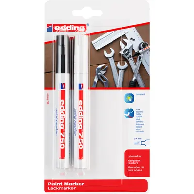 Marker Edding 750, cu vopsea, corp metalic, varf 2-4 mm, negru/alb, blister BPTCED75000B
