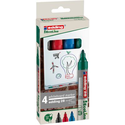 Marker pentru tabla Edding 28, ecologic, varf rotund, 1.5-3 mm, 4 culori/set (negru, rosu, albastru, verde) BPTCED280005