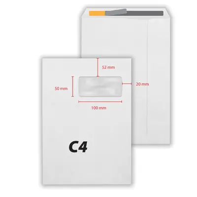 Plic C4, 229 x 324 mm, fereastra dreapta 50 x 100 mm, alb, banda silicon, 80 g/mp, 250 bucati/cutie BPTCKF30355