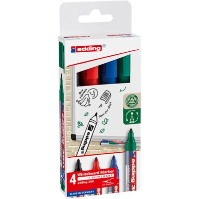 Set 4 markere Edding 360 pentru tabla, varf 1.5-3 mm, negru, rosu, albastru, verde BPTCED616999