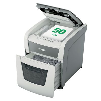 Distrugator documente automat Leitz IQ Small Office, P4, cross-cut, 50 coli, cos 20l, silentios, alb-gri BPTCSL8035000