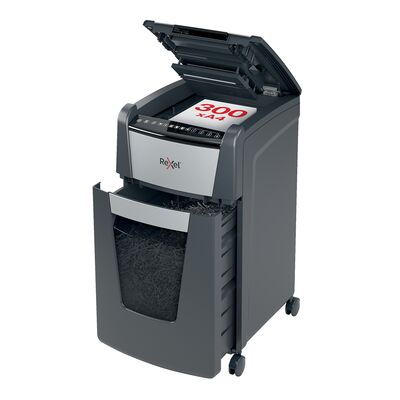Distrugator documente automat REXEL OPTIMUM 300X, P4, cross-cut (confeti), 300 coli, cos 60l, negru-gri BPTCSL020300