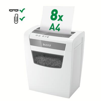 Distrugator documente manual Leitz IQ Home Office, P4, micro-cut (particule), 8 coli, cos 15l, silentios, alb-gri BPTCSL803600