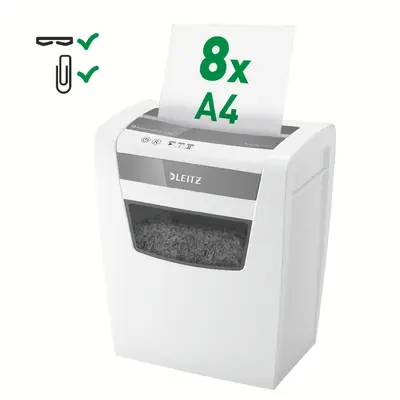 Distrugator documente manual Leitz IQ Home Office, P4, micro-cut (particule), 8 coli, cos 15l, silentios, alb-gri BPTCSL803600