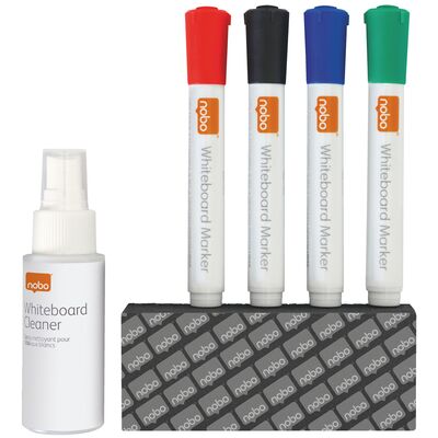 Kit pentru tabla NOBO, 4 markere diverse culori, burete magnetic, spray curatare 50 ml BPTCSL903798