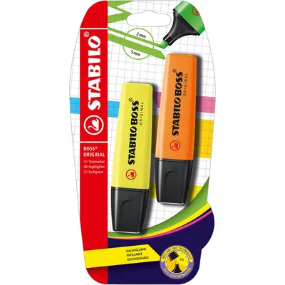 Textmarker Stabilo Boss Original, corp plastic in culoarea cernelei, varf retezat, 2-5 mm, galben, portocaliu, 2 bucati/blister BPTCSW040043