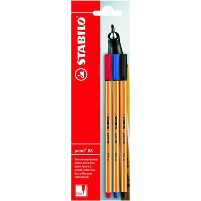 Fineliner Stabilo Point 88, 0.4 mm, 3 culori, negru, rosu, albastru, blister BPTCSW10213B