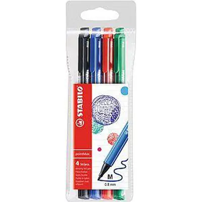 Fineliner Stabilo PointMax, varf 0.8 mm, set 4 culori, albastru, negru, rosu, verde, blister BPTCSW48800B