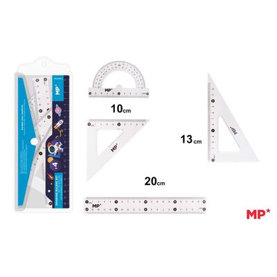 Set geometrie Main Paper, 4 piese, transparent, raportor, 2 echere, rigla 20 cm, albastru BPTCMR176244