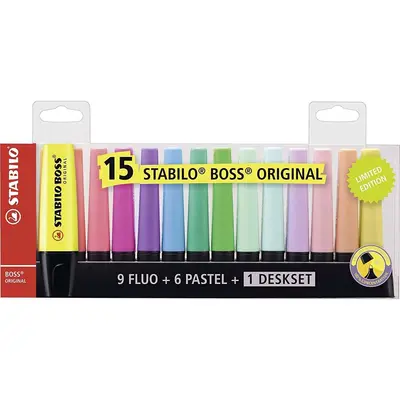 Textmarker Stabilo Boss Original, 15 culori/set, 9 culori fluorescente, 6 culori pastelate, cu suport de birou BPTCSW70150B