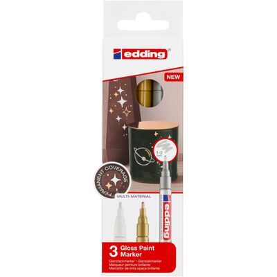 Marker cu vopsea edding 751, corp metalic, varf rotund, 1-2 mm, set 3 bucati, alb, auriu, argintiu (metalizat) BPTCED7510309
