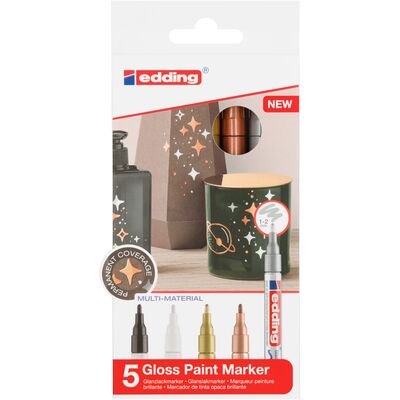 Marker cu vopsea edding 751, corp metalic, varf rotund, 1-2 mm, set 5 culori metalice: negru, alb, auriu, argintiu, cupru BPTCED7510509
