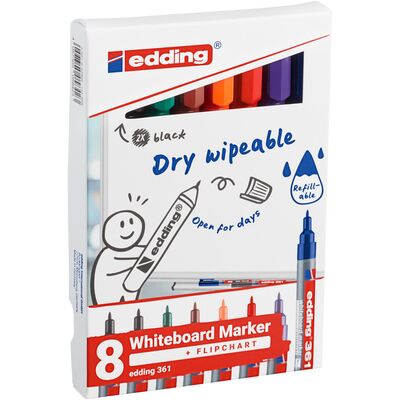 Marker pentru tabla edding 361, varf rotund, 1 mm, set 8 culori asortate: 2x negru, 1x rosu, 1x albastru, 1x verde, 1x portocaliu, 1x maro, 1x violet BPTCED361009