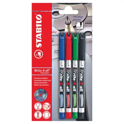 Marker permanent Stabilo Write-4-all, F, 0.7 mm, 4 culori/blister, albastru, negru, rosu, verde BPTCSW175510