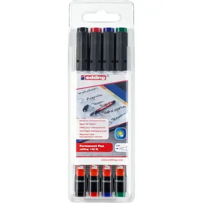 Marker permanent edding 142 M, set 4 bucati, corp plastic, varf rotund, 1 mm, culori asortate: negru, rosu, albastru, verde BPTCED1424