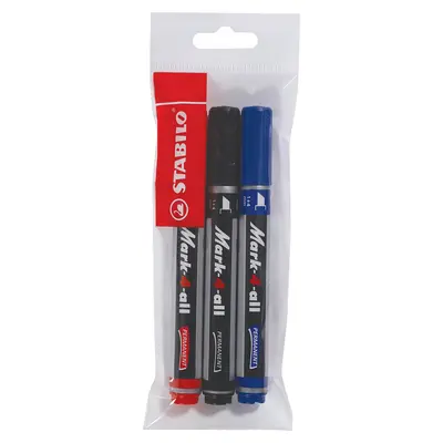 Marker permermanent Stabilo Mark-4-all, 653, B, varf tesit, 1-4 mm, set 3 culori/blister, albastru, negru, rosu BPTCSW006533