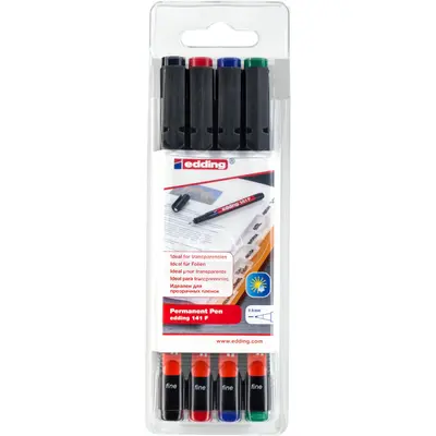 Set 4 markere permanente edding 141 F, corp plastic, varf rotund, 0.6 mm, culori asortate: negru, rosu, albastru, verde BPTCED1414