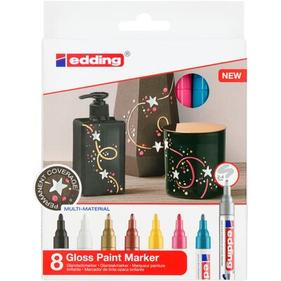 Set markere cu vopsea edding 750, corp metalic, varf rotund, 2-4 mm, 8 bucati, negru, galben, roz, albastru deschis, alb, auriu, argintiu, cupru BPTCED750899