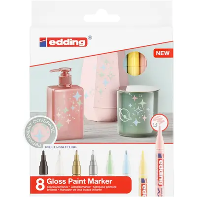 Set markere cu vopsea edding 751 Pastel, corp metalic, varf rotund, 1-2 mm, 8 culori: negru, alb, auriu, argintiu, galben pastel, verde pastel, roz pastel, albastru pastel BPTCED7510899