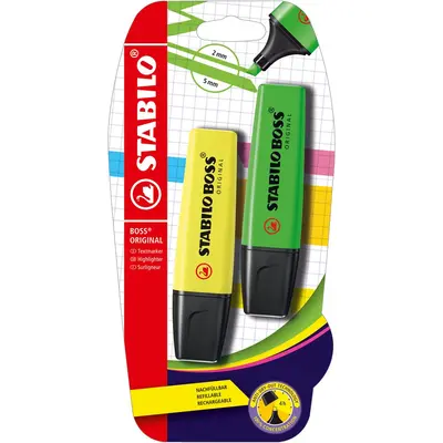 Textmarker Stabilo Boss Original, 2 culori/blister, galben, verde BPTCSW040041