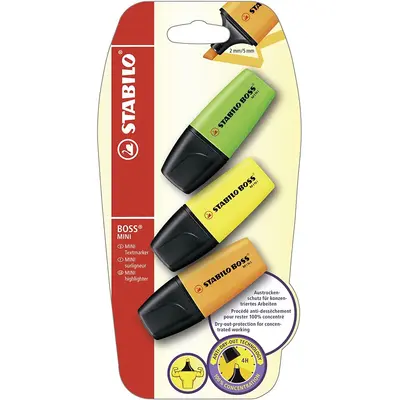 Textmarker Stabilo Boss mini, 3 culori/blister, galben, verde, portocaliu BPTCSW193481