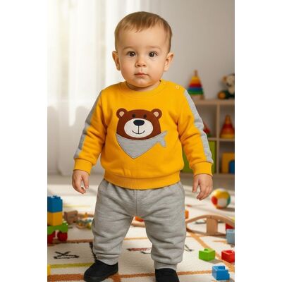 Set bluzita cu pantaloni 100% bumbac cu ursuletul vesel - galben bbl23