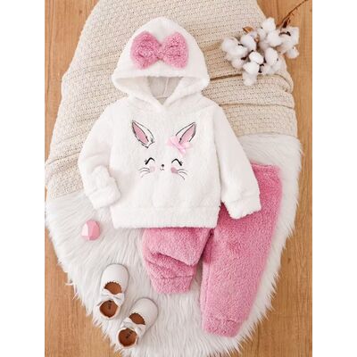 Set pufos si calduros bebelusi cu iepuras – bluza cu gluga + pantaloni roz mbtu134