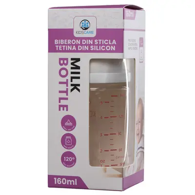 Biberon din sticla borosilicat 160 ml KidsCare cu tetina din silicon SUPKC-MBS160