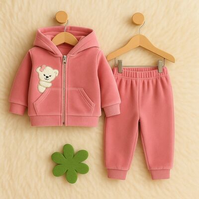 Costumas din catifea pentru fetite, roz pudrat, 2 piese cu hanorac si pantalon trmdp4288