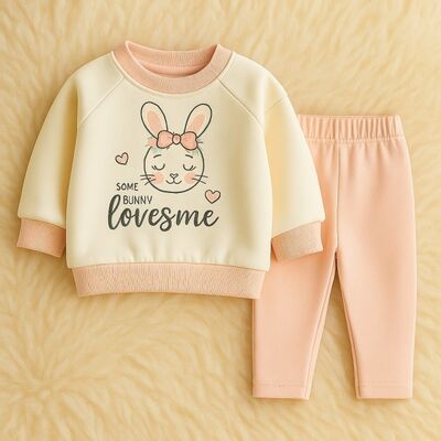 Costumas fetite din 2 piese - bluza "some bunny loves me" cu iepuras si pantaloni roz trmdy718