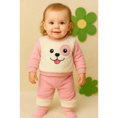 Costumas pentru fetite, roz, 2 piese cu bluza pufoasa si pantaloni comozi trmby894-1