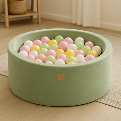 Piscina Cu Bile Rotunda Meowbaby   Velvet Sage Olive 90x30 Cm, Cu 200 Bile: Alb Perlat   Verde Deschis   Roz Pastel   Galben Pastel Pjbveo-zpbpgpy002