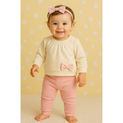 Set bebelusi cu bluzita ivoire cu fundita si pantaloni roz trmdy1021