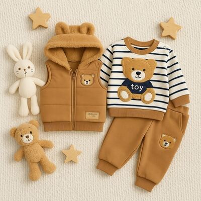 Set bebelusi cu ursulet cu vesta si hanorac – 3 piese trmdk6080