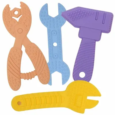 Jucarie de dentitie, Bocioland, In forma de unelte,4 piese, BPA Free, 0 luni+, Multicolor BYNBL244