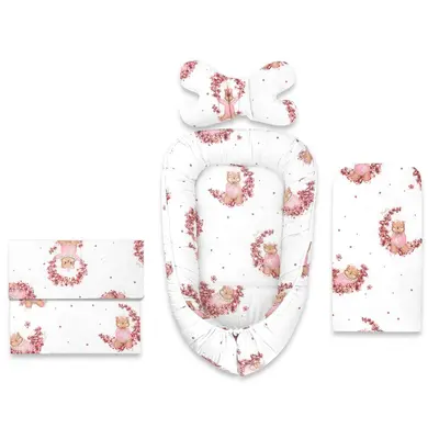 Set 4 in 1 Cosulet bebelus, MimiNu, Baby Cocoon 75x55 cm, Husa bumbac, Din bumbac certificat Oeko Tex Standard 100, Cu paturica 50x70 cm, Cu salteluta, Cu perna fluture, Design, Betty BYN6426972029384