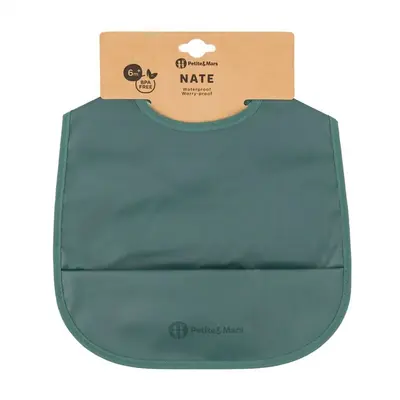 Baveta impermeabila cu buzunar, Petite&Mars, Nate, Fara PVC si ftalati, 37 × 27 cm, 6 luni+, Prindere velcro, Verde BYN411817
